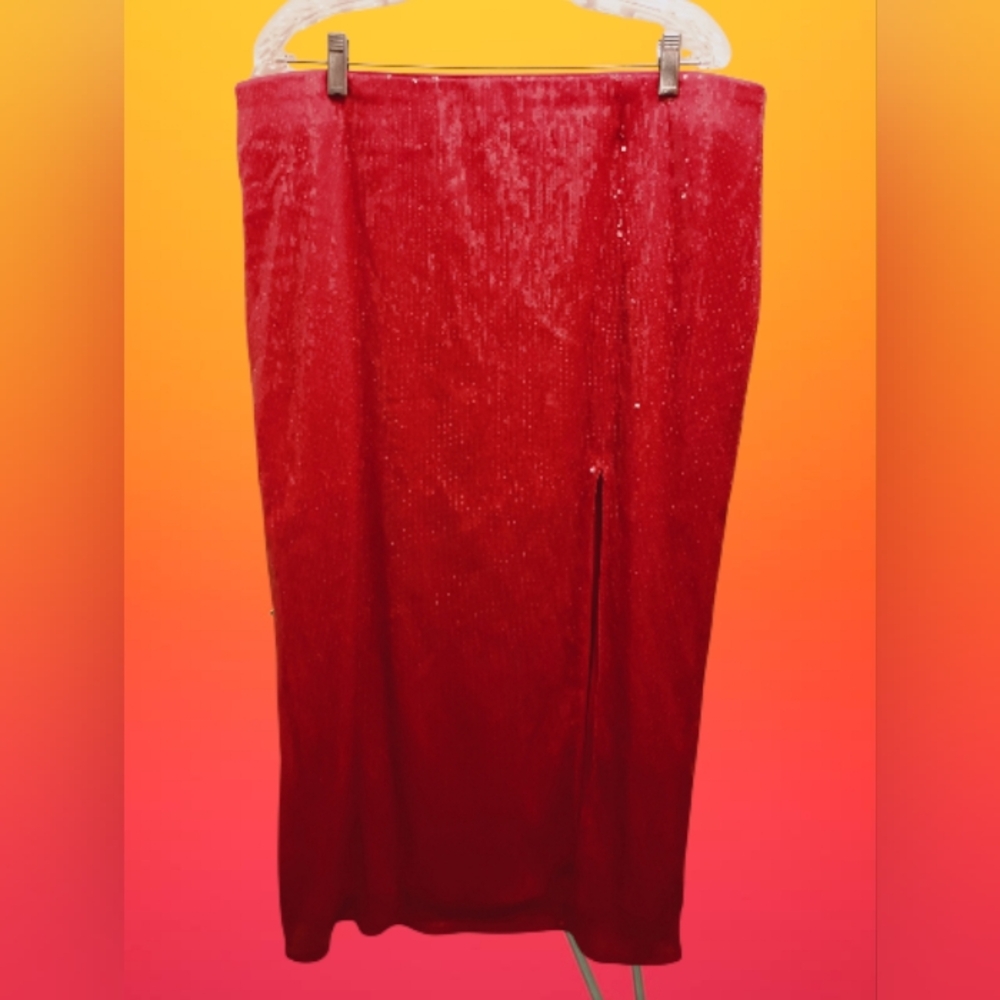A NEW DAY Red Sequin Maxi Skirt w/Side Split Size XL Elastic Waist Plus Size